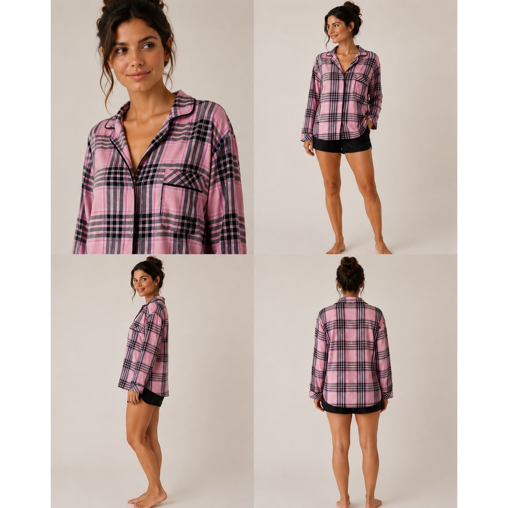 Victoria's Secret Pajama Top Womens Large Pink Plaid Cotton Modal Button Front
